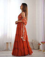 Stunning Orange Georgette Five-Layer Ruffle Anarkali Suit with Embroidered Dupatta – Festive & Party Wear