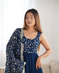 Rama-Colored Three-Layer Ruffle Georgette Anarkali Suit with Embroidered Dupatta