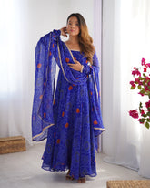 Royal Blue Bandhej Print Soft Chiffon Anarkali Gown with Full Sleeves – Festival & Party Wear