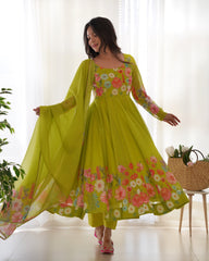 Neon Color Floral Print Organza Anarkali Suit – Three-Piece Festive Ensemble