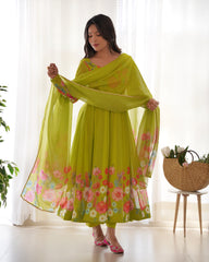 Neon Color Floral Print Organza Anarkali Suit – Three-Piece Festive Ensemble