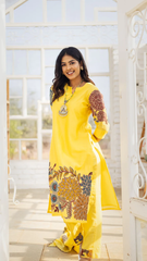 Yellow Kalamkari Cotton Kurta Set Floral Design with Coordinated Dupatta