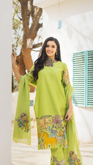 Lime Green Kurta Set with Tribal Animal Motif Print
