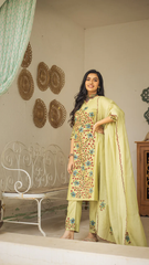 Kalamkari Cotton Kurta Set Floral Design with Coordinated Dupatta