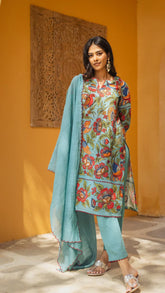 Aqua Blue Kurta Set with Hand-Painted Floral & Bird Print
