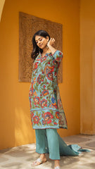 Aqua Blue Kurta Set with Hand-Painted Floral & Bird Print