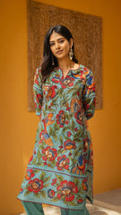 Aqua Blue Kurta Set with Hand-Painted Floral & Bird Print