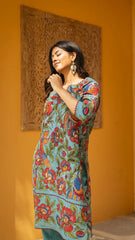 Aqua Blue Kurta Set with Hand-Painted Floral & Bird Print