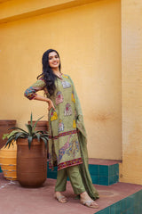 Olive Green Kurta Set with Elephant & Peacock Print