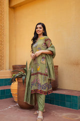 Olive Green Kurta Set with Elephant & Peacock Print