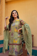 Olive Green Kurta Set with Elephant & Peacock Print