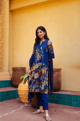 Kalamkari Cotton Kurta Set Blue with Floral Design with Coordinated Dupatta