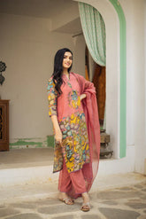 Kalamkari Cotton Kurta Set Pink with Floral Design with Coordinated Dupatta