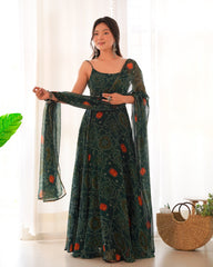 Floral Dark Green Bandhani Print Soft Chiffon Anarkali Gown