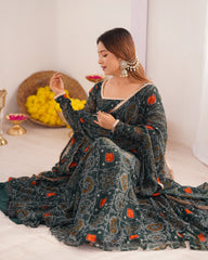 Green Bandhej Print Soft Chiffon Anarkali Gown – 3-Piece Set