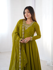 Mehndi Green Georgette Three-Piece Anarkali Suit – Embroidered Festive Wear