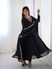 Black Faux Georgette Three-Piece Anarkali Suit with Embroidery & Tassel Dupatta