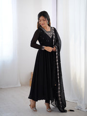 Black Faux Georgette Three-Piece Anarkali Suit with Embroidery & Tassel Dupatta