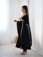 Black Faux Georgette Three-Piece Anarkali Suit with Embroidery & Tassel Dupatta
