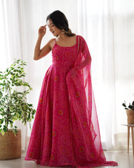 Pink Bandhani Print Chiffon Anarkali Suit