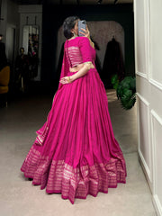 Pure Chanderi Lehenga with Intricate Zari Border and Sequin Embellished Dupatta