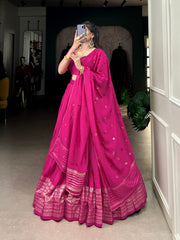 Pure Chanderi Lehenga with Intricate Zari Border and Sequin Embellished Dupatta