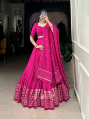 Pure Chanderi Lehenga with Intricate Zari Border and Sequin Embellished Dupatta