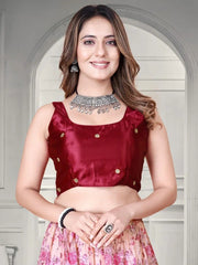 Mesmerizing Pink Floral Printed Organza Lehenga Choli with Maroon Mirror Work Blouse