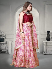Mesmerizing Pink Floral Printed Organza Lehenga Choli with Maroon Mirror Work Blouse