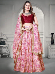 Mesmerizing Pink Floral Printed Organza Lehenga Choli with Maroon Mirror Work Blouse