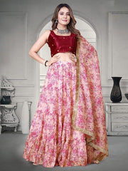 Mesmerizing Pink Floral Printed Organza Lehenga Choli with Maroon Mirror Work Blouse