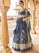 Navy Blue Digital Print Silk Lehenga Choli with Matching Dupatta