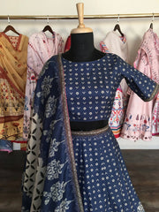 Navy Blue Digital Print Silk Lehenga Choli with Matching Dupatta