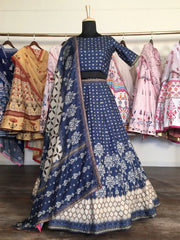 Navy Blue Digital Print Silk Lehenga Choli with Matching Dupatta