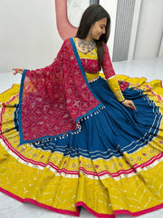 Navy Blue & Mustard Yellow Cotton Lehenga Choli – Embroidery & Bandhej Work