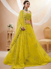 Neon Yellow Georgette Lehenga Choli – Sequins & Dori Embroidered Wedding Wear