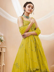 Neon Yellow Georgette Lehenga Choli – Sequins & Dori Embroidered Wedding Wear