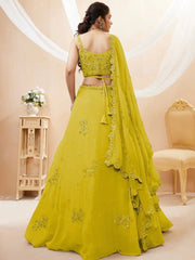Neon Yellow Georgette Lehenga Choli – Sequins & Dori Embroidered Wedding Wear