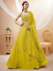 Neon Yellow Georgette Lehenga Choli – Sequins & Dori Embroidered Wedding Wear
