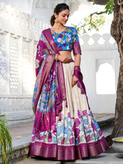 Off-White Dola Silk Lehenga Choli with Kalamkari Print and Zari Border