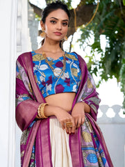 Off-White Dola Silk Lehenga Choli with Kalamkari Print and Zari Border