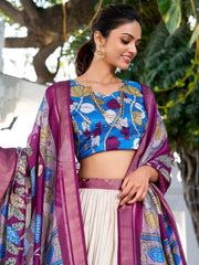 Off-White Dola Silk Lehenga Choli with Kalamkari Print and Zari Border