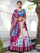 Off-White Dola Silk Lehenga Choli with Kalamkari Print and Zari Border
