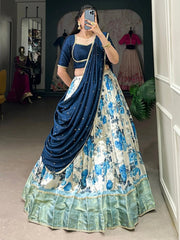 Off-White & Navy Blue Dola Silk Lehenga Choli – Floral Print & Zari Work