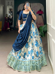 Off-White & Navy Blue Dola Silk Lehenga Choli – Floral Print & Zari Work