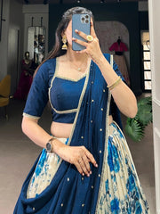 Off-White & Navy Blue Dola Silk Lehenga Choli – Floral Print & Zari Work