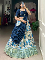 Off-White & Navy Blue Dola Silk Lehenga Choli – Floral Print & Zari Work