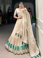 Off-White Silk Lehenga Choli with Weaving, Mirror & Beads Handwork