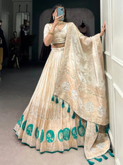 Off-White Silk Lehenga Choli with Weaving, Mirror & Beads Handwork