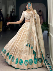 Off-White Silk Lehenga Choli with Weaving, Mirror & Beads Handwork